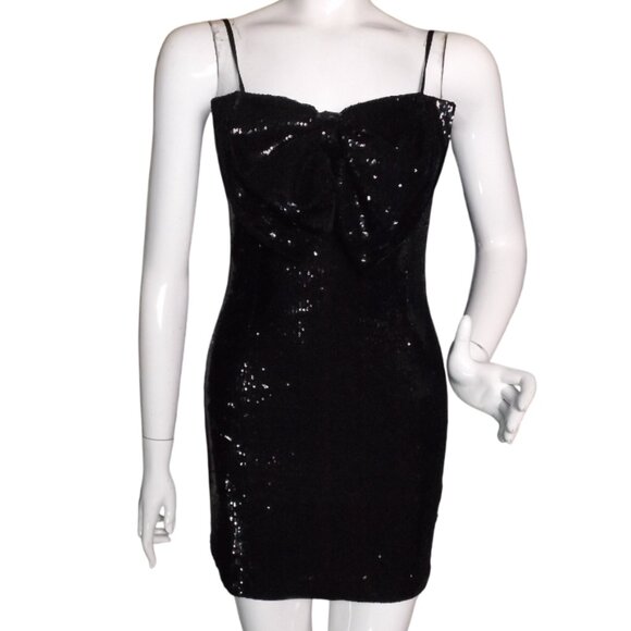 TORN BY RONNY KOBO Mini Dress, M, Big Bow, Black Sequins, Short, spaghetti Strap - Picture 1 of 14